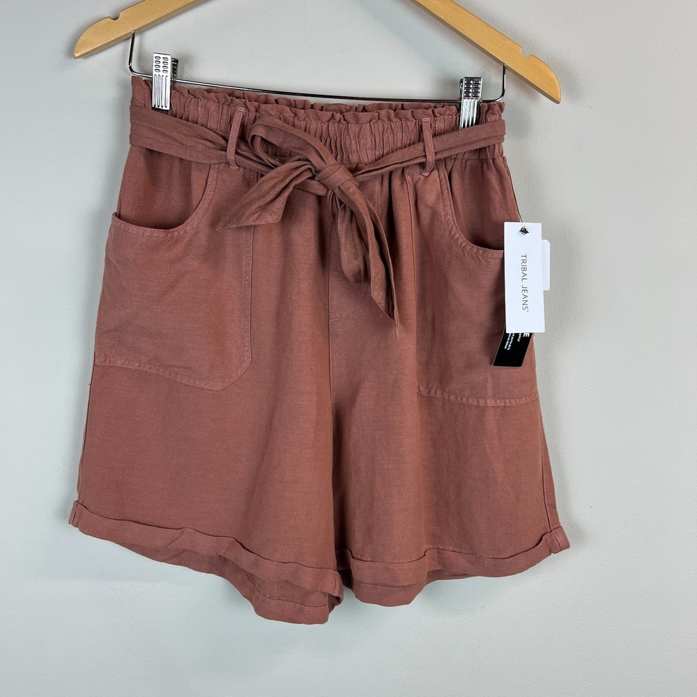 Tribal Jeans Tie-Waist Shorts Womens Small Brown Linen Blend Casual Summer S New